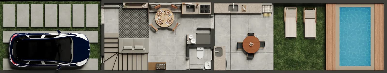 Planta humanizada, pavimento térreo: garagem, sala, cozinha, área gourmet e quintal