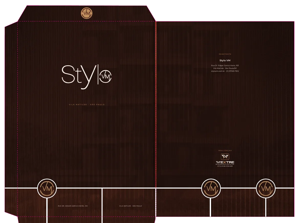 Envelope A4 do Stylo VM, aberto, com a linha de estações