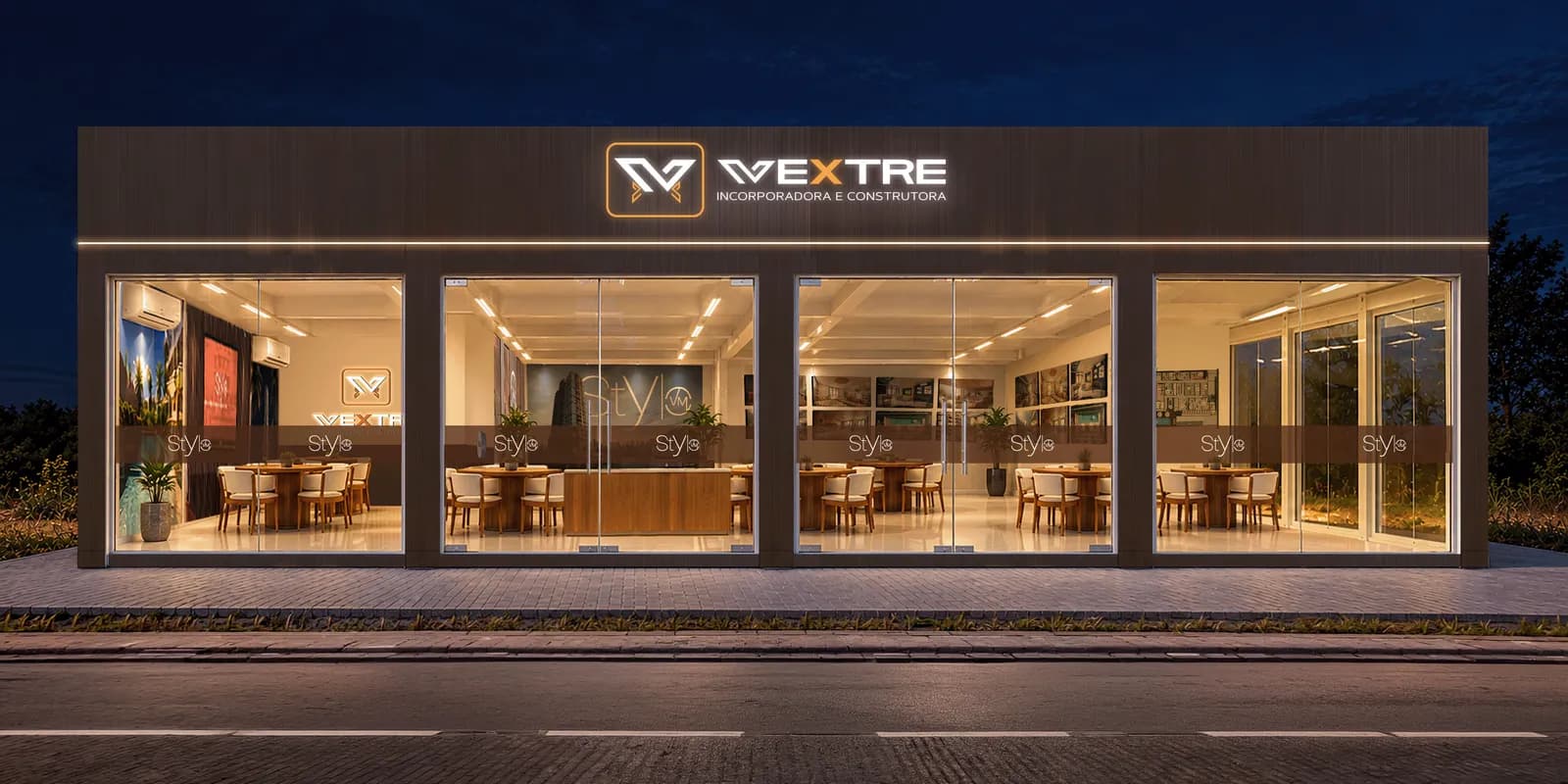 Vitrine Vextre — Fachada de vidro e testeira